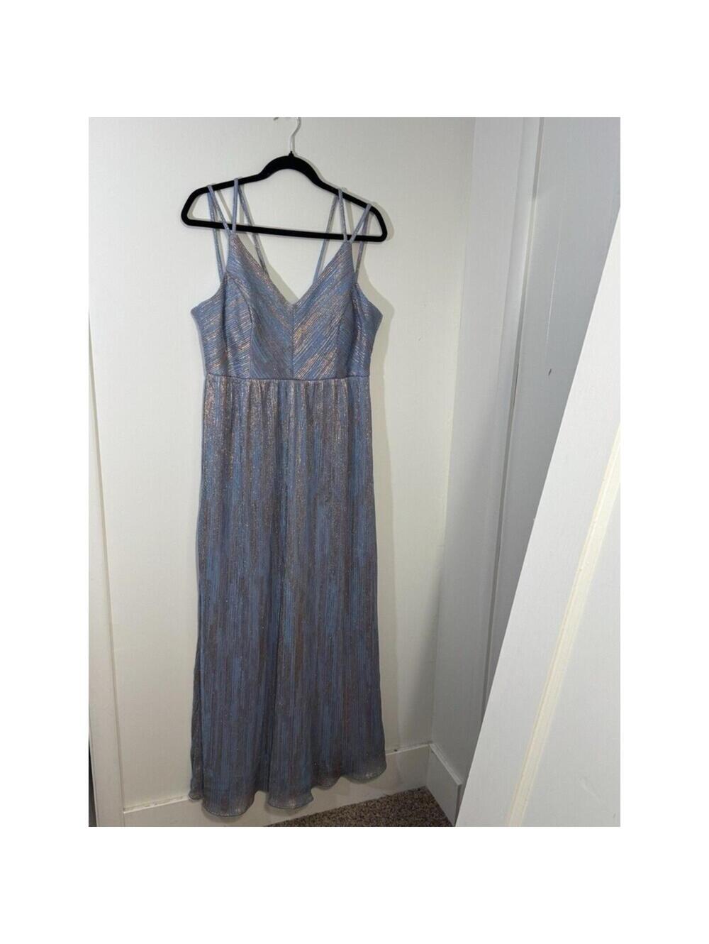 Nightway Blue Silver Striped Metallic Long Gown Dress V-Neck Sleeveless 8P